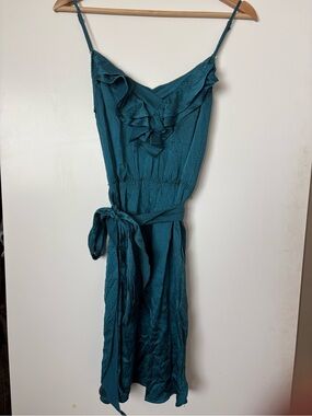 100% Silk Teal Ruffle Spaghetti-Strap  Dress